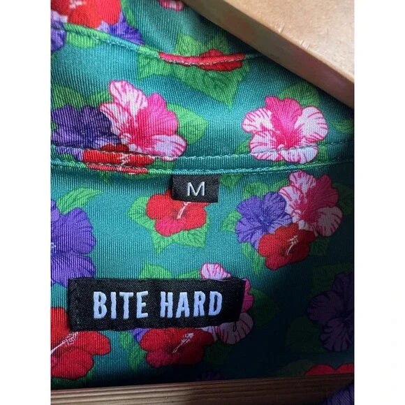 Bite Hard Performance Golf Polo Shirt Mens Medium Green Floral Stretch - Picture 3 of 7